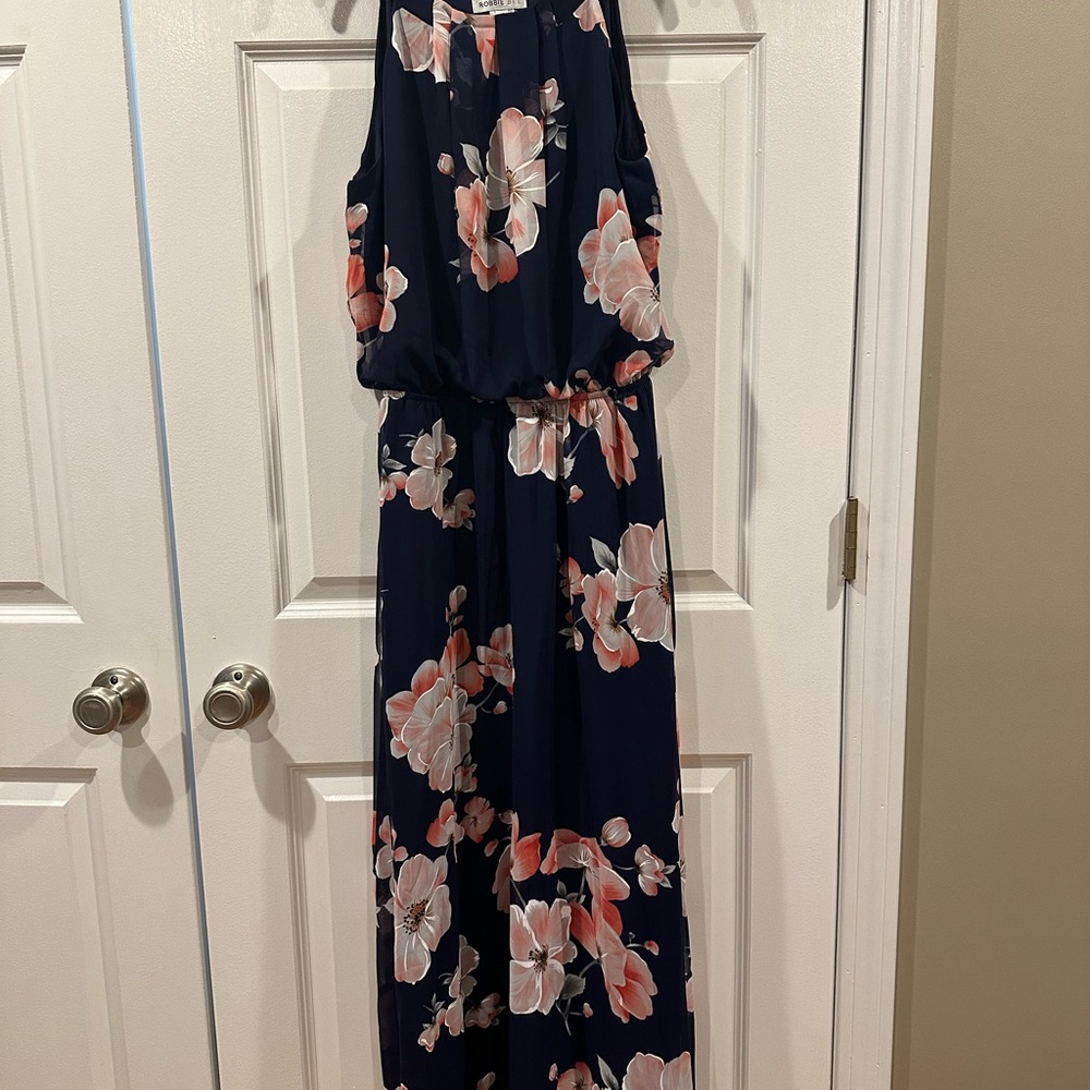Robbie Bee Navy Dress with Pink and White Floral Design